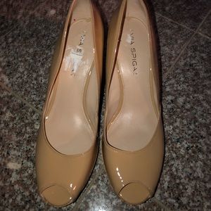 Via Spiga Patent tan wedge peep toe sandals